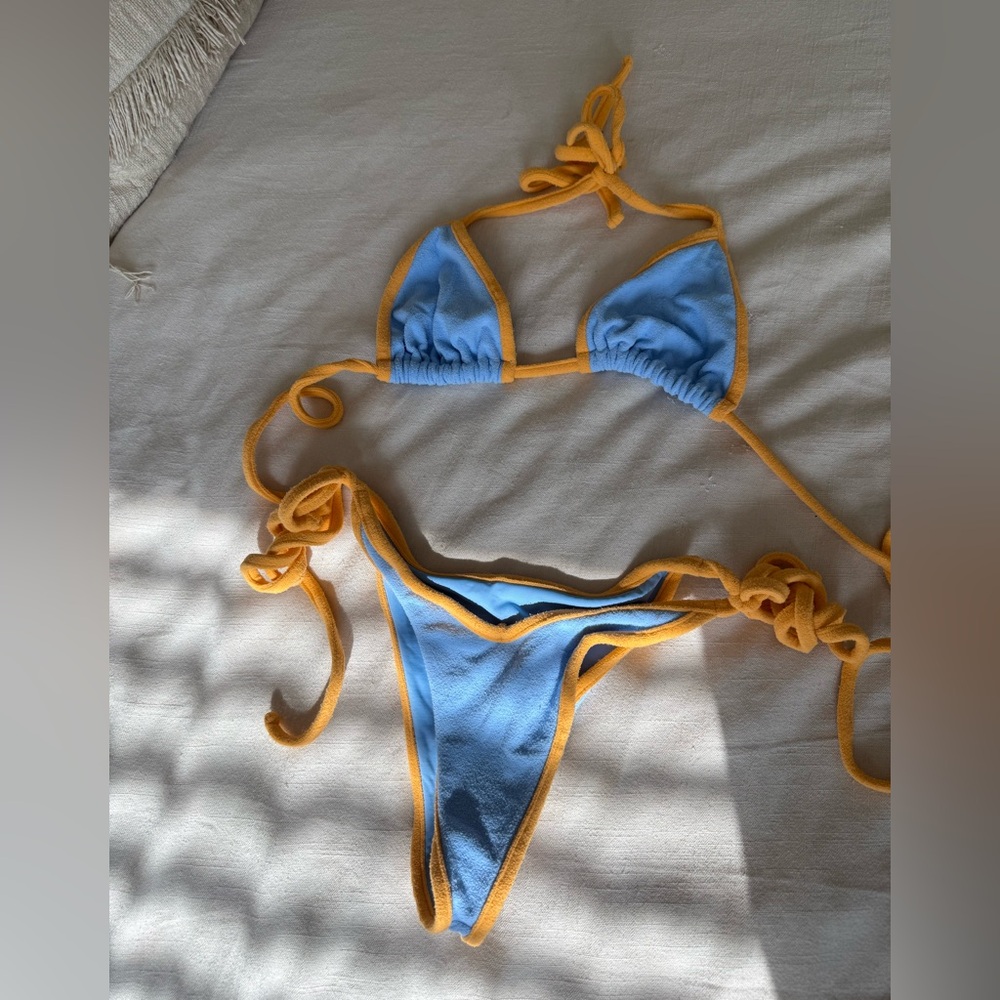 Frankie's Bikinis Terrycloth Sky Blue and Mustard Top